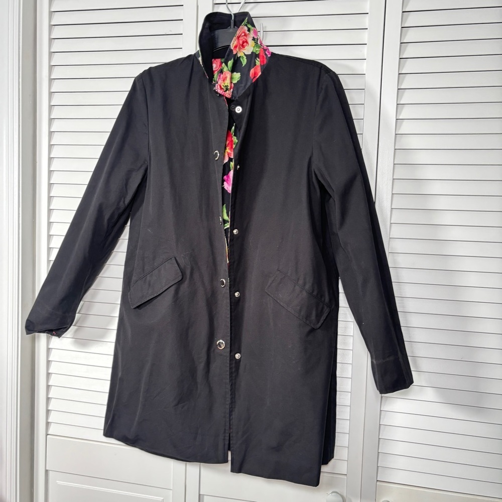JONES NEW YORK SIGNATURE Reversible Black Floral Rose Rain Coat •Size SP